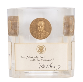 John F. Kennedy Appreciation Medal in Lucite Presented to White House Barber Steve Martini